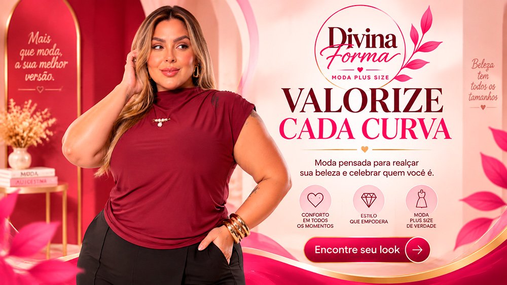 Modelo usando roupa plus size feminina da Divina Forma Moda Plus Size em campanha que valoriza curvas, estilo e conforto